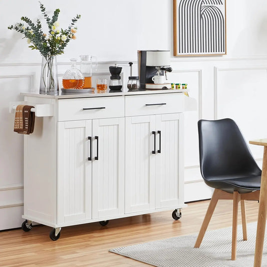 Kitchen Island Cart with Storage & Stainless Steel Countertop, Portable Kitchen Island on Wheels with Cabinet & Adjust