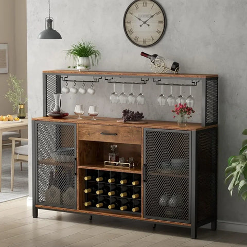 Wine Bar Cabinet with Drawer and LED Lights, 55 Inches Industry Coffee Bar Cabinet with Wine Rack and Glass Goblet Holder