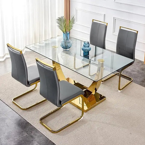 63” Glass Dining Table Set for 4,Modern Dining Room Table Set for 4,Kitchen Table and PU Leather Chairs for 4, Glass Top