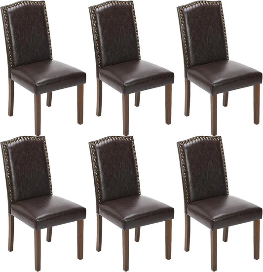 Dining Chairs Set of 6, PU Leather Dining Room Chairs, Upholstered Parsons Chairs with Nailhead Trim & Wood Legs