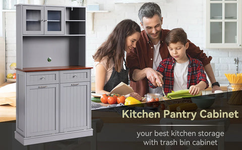 Kitchen Pantry Storage Cabinet, Microwave Cabinet with Tilt Out Trash Cabinet, Freestanding Kitchen Hutch,Tall Pantry Cabinet