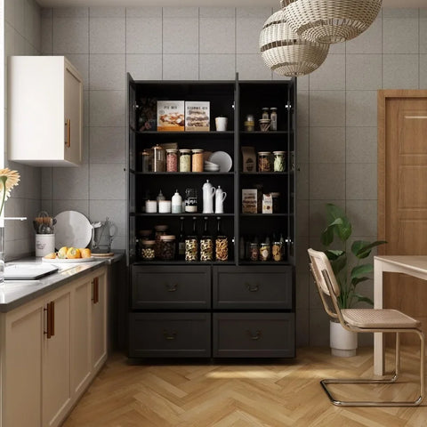 Pantry Cabinet Kitchen Storage Cabinet with 2-4 Drawers & Glass Doors, Kitchen Pantry with Adjustable Shelves