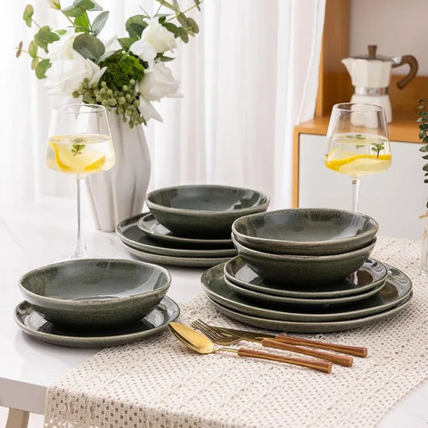 Ceramic Dinnerware Sets,Handmade Reactive Glaze Plates and Bowls Set,Highly Chip and Crack Resistant