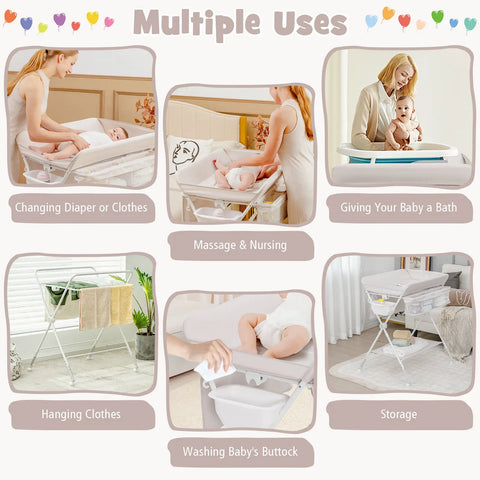 Babyjoy Foldable Baby Diaper Changing Table Mobile Nursery Organizer for Newborn Beige