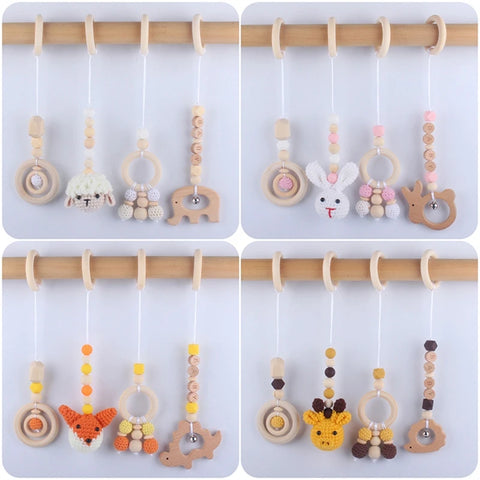 4 Pcs Wooden Baby Play Gym Frame Beech Ring Stroller Hanging Pendants Newborn Activity Gym Fitness Rack Rattle Toys Room Decor