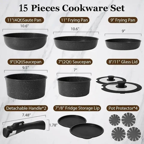 SODAY 15pcs Pots and Pans Set Nonstick - Kitchen Cookware Set with Detachable Handle, Induction Cookware, Dishwasher Oven Safe