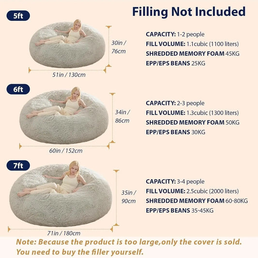 Bean Bag Chair Cover for Adults Kids (Without Filling) Comfy Fluffy Giant Round Beanbag Lazy Sofa Cover for Reading Ch