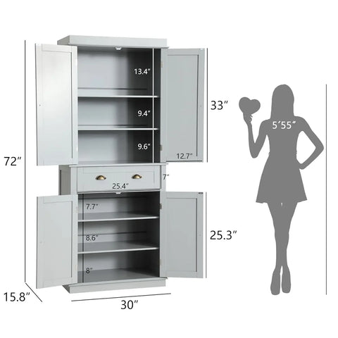 72" Kitchen Pantry Storage Cabinet, Freestanding Cupboard with 2 Cabinets, Drawer and Adjustable Shelves, Tall Storage Cabinet