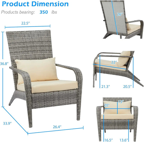 Patio Adirondack Wicker Chair, Outdoor Wicker Chair with Cushion and Pillow, All Weather High Back Rattan for Garden, Backyard