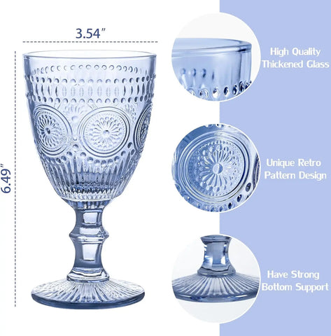 Blue Wine Glasses Set of 6 Vintage Drinkware Water Goblets for Wine or Cocktails Cute Drinking Glass with  Embossed Glassware fo