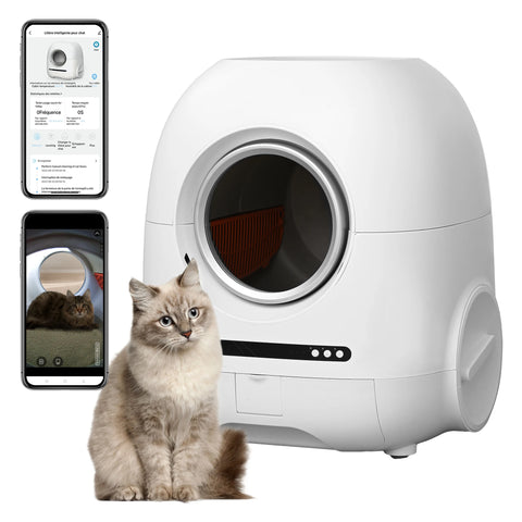 Self-cleaning cat litter box, 68L+9L, suitable for a variety of cat litter, APP control, real-time video, photo and video, safe