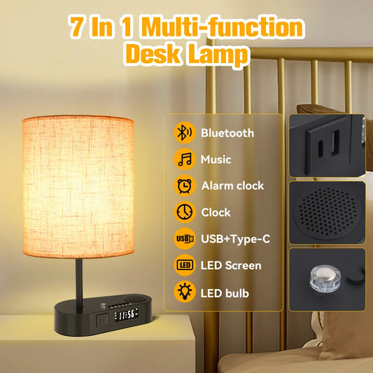 Bedside Table Lamp with Bluetooth and Alarm Clock Function Fabric Music Player Table Lamp Three Color Adjusted for Living Room