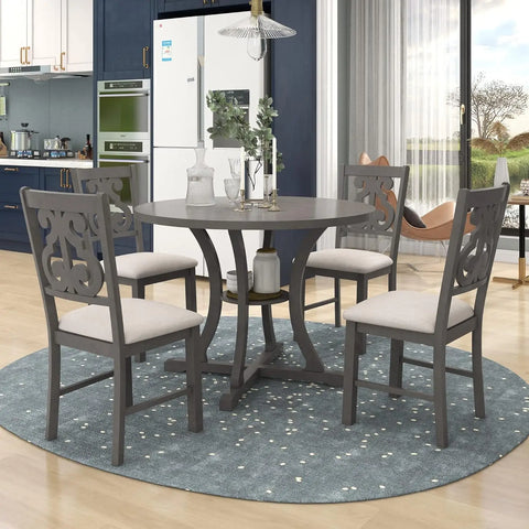 5-Piece Farmhouse Dining Table Set Wood Round Extendable Dining Table and 4 Upholstered Dining Chairs