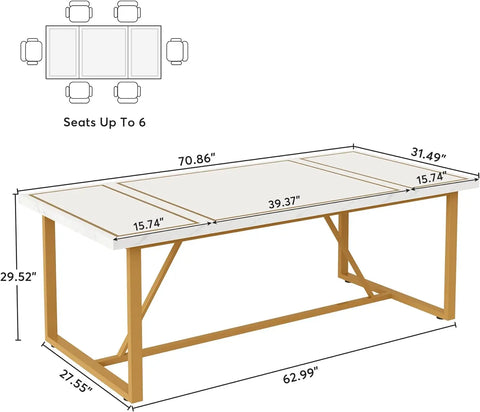 70.9 Inch Dining Table for 6 to 8, Modern Kitchen Table Dining Room Table, Rectangle Dinner Table w/Gold Meta Base for Kitchen