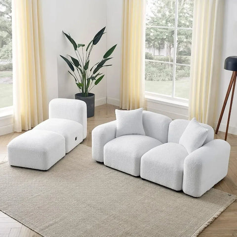 94” Living Room Sofas with Ottoman, 3-Seater, Boucle Fabric L-Shaped Modern Bubble Couch, Convertible Modular Sectional Sofas