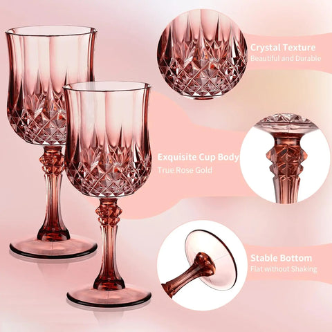 7oz Plastic Vintage Rose Gold Drinking Glasses Pink Wine Glasses Unbreakable Wedding Glassware Crystal Water Goblets Reusable Dr