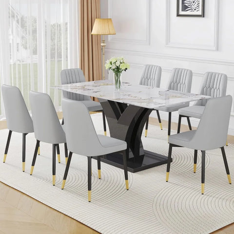 Modern Dining Room Table Set for 6, Faux Marble Kitchen Table and 6 PU Leather Chairs, 67” Rectangular Tempered Glass Table Set