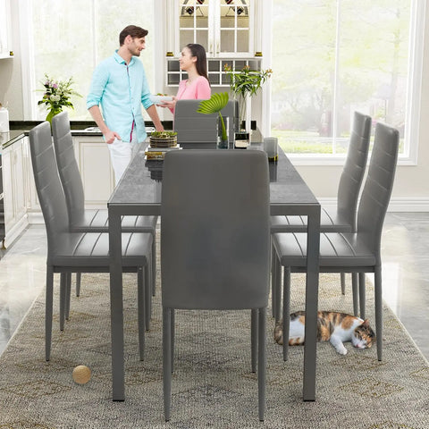 7 Piece Kitchen 6 Person, Tempered Glass Table and PU Leather Chairs Modern Dining Room Sets for Small Space, Dining Table Set