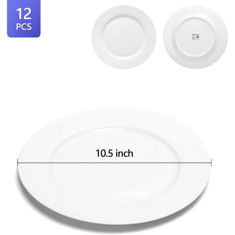 12-Piece White Porcelain Dinner Plates, Round Dessert or Salad Plate, Serving Dishes, Dinnerware Sets, Scratch Resistant