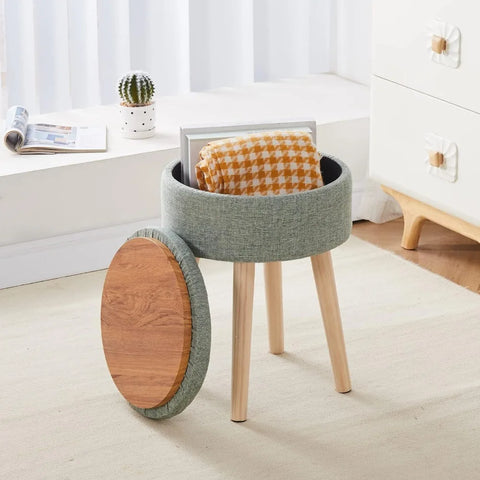 Storage Ottoman Foot Stool Linen Round Vanity Stool Tray Top Footstool with Wood Legs Multifunctional Upholstered Foot Rest