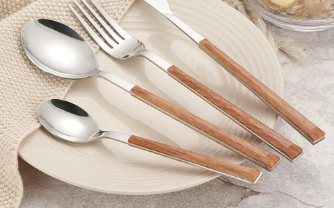 4Pcs 304 Stainless Steel Dinnerware Sets Glossy Silver Wooden Tableware Western Food Knife Fork Teaspoon Cutleries