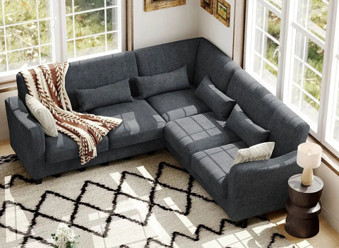 Fabric L Shaped Sofa Small Sectional Couch with Chaise Solid Corner Sofa Small L Couches 4 Seater Sofa Bluish Grey