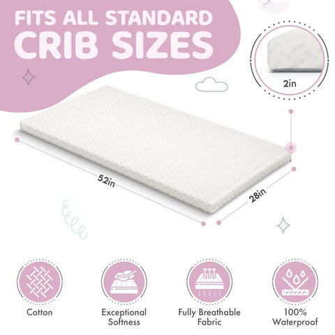 2” Crib Mattress Topper Memory Foam - Waterproof Breathable Soft Washable Cover 52” x28” x 2” Fits Standard Size Cribs Beds