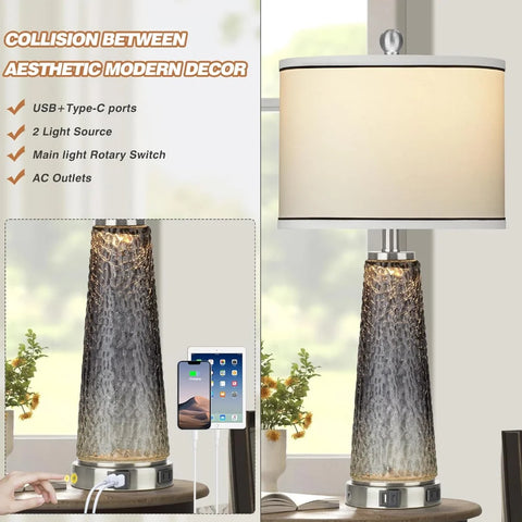 Glass Table Lamps for Living Room, 26" Modern Table Lamps with USB A+C Ports & AC Outlet, Touch Control Bedside Nightstand