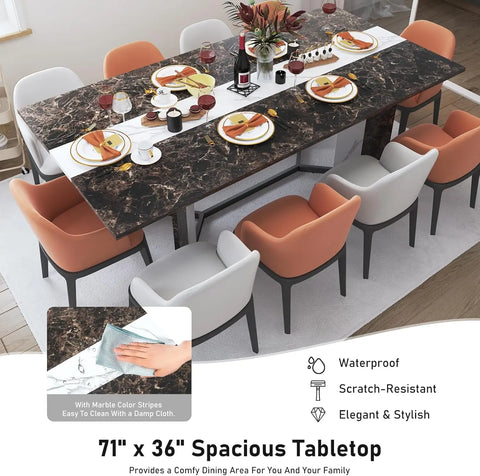 71" Large Rectangular White Dining Table, 35 Marble Wood Moisture Resistant Table, Adjustable Legs, 6 Foot Family Dining Table