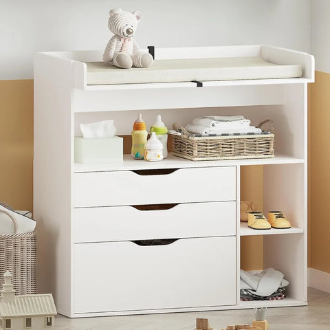 Baby Changing Table Dresser with 3 Drawers and 3 Storage Shelves, Can be Used as a Baby Dresser with Changing Table Top