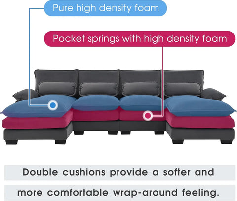 109.8“ Sectional Sofa Cloud Couch for Living Room, Modern Velvet Large Overstuffed U Shaped Couch, Comfy Modular Sofa Sleeper