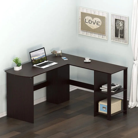 L-shaped home office, wooden corner desk, black computer desk