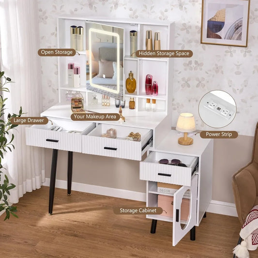 Vanity Desk Mirror and Lights, Makeup Vanity Desk Set Power Outlets & Cabinet, Desk Vanity Table Large Dressing Table