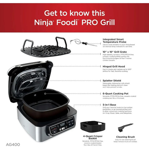 Foodi Pro 5-in-1 Indoor Integrated Smart Probe, 4-Quart Air Fryer, Roast, Bake, Dehydrate, an Cyclonic Grilling Technology,