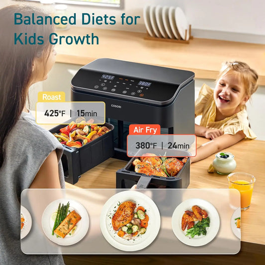 9Qt 10-in-1 Dual Air Fryer, Fresh Balanced Meals for Family and Children with Double Baskets, Sync Cook & Finish to Bake, Roast,