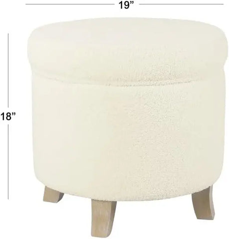 Round Transitional Faux Sheepskin Fabric Storage Ottoman Home Décor|Upholstered Round Foot Rest Ottoman- Light Cream Large