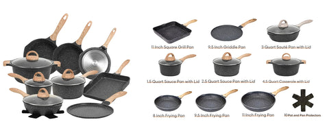 JEETEE Pots and Pans Set Nonstick 23pcs, Healthy Kitchen Cookware Sets, Induction Cooking Set W/Gray Granite Stone Frying Pans,