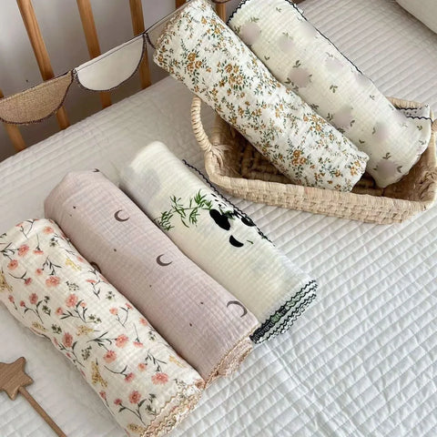 110*130cm Baby Muslin Blanket Gauze Thin Quilt Floral Print Double Layer Cotton Swaddle Blanket Stroller Cover Kids Bedding