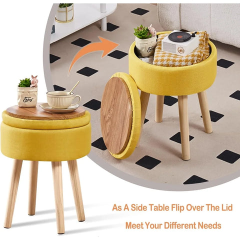 Storage Ottoman Foot Stool Linen Round Vanity Stool Tray Top Footstool with Wood Legs Multifunctional Upholstered Foot Rest