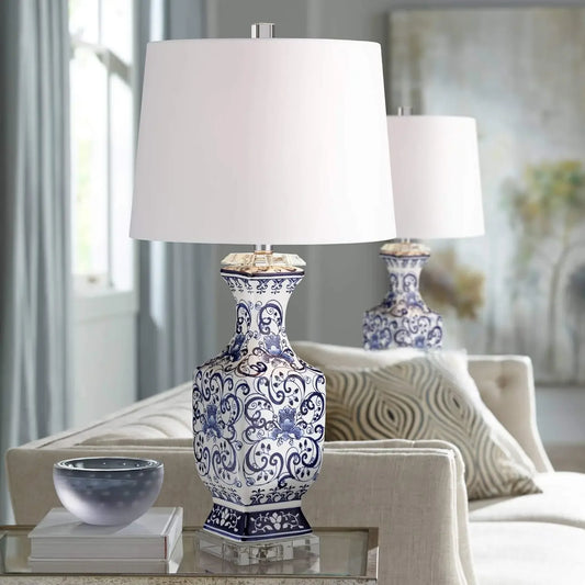 Barnes and Ivy Iris Asian Chinese Jar Style Table Lamps 28" Tall Set of 2 Blue Porcelain Crystal Geneva White Fabric Drum Shade