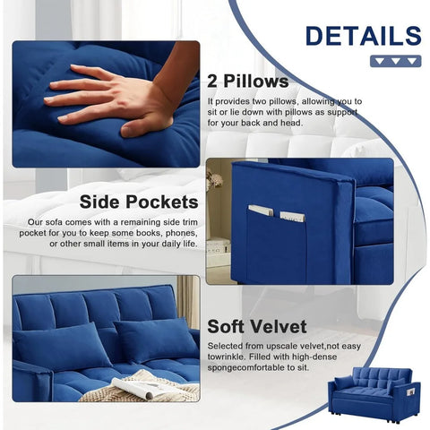 3-in-1 2-Seater Loveseat Pull Out Couch Reclining Backrest,Toss Pillows Pockets-Perfect for Small Spaces Velvet Sleeper Sofa Bed