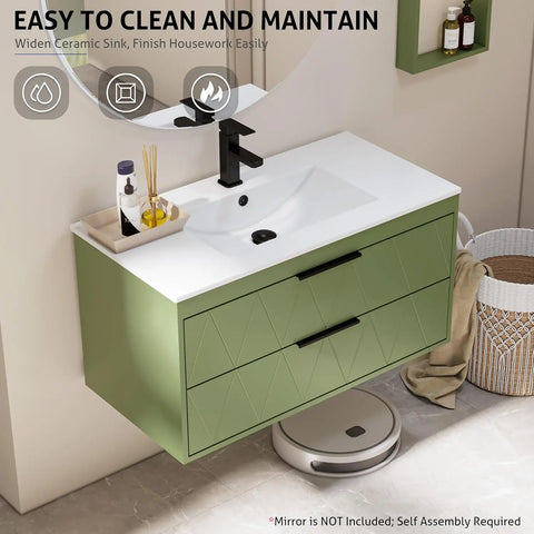 30" Bathroom Vanities Cabinet with Sink Combo, W/Decor Line, Soft-Close System, 2 Extra Big Drawers, Matte Black Faucet