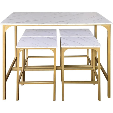 5-Piece Bar Table Set with 4 Stools,Dining Room Table Set,Small Spaces (Gold & White)