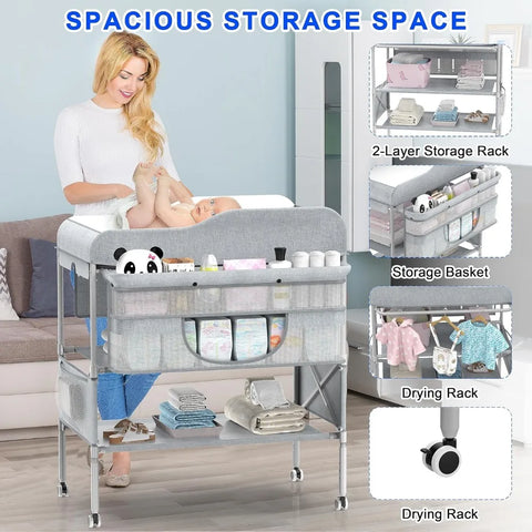 Portable Baby Changing Table, Foldable Changing Table Dresser Baby Changing Station, Height Adjustable Waterproof Diaper