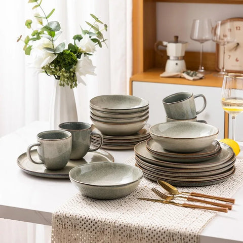 Ceramic Dinnerware Sets,Handmade Reactive Glaze Plates and Bowls Set,Highly Chip and Crack Resistant