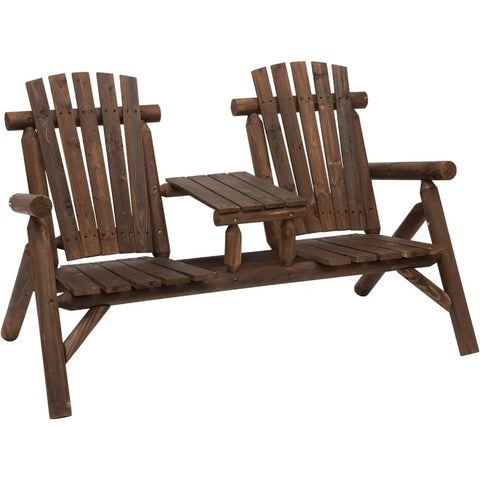 Outsunny 2-Seat Wooden Adirondack Chair, Patio Bench with Table, Outdoor Loveseat Fire Pit Chair for Porch, Backyard