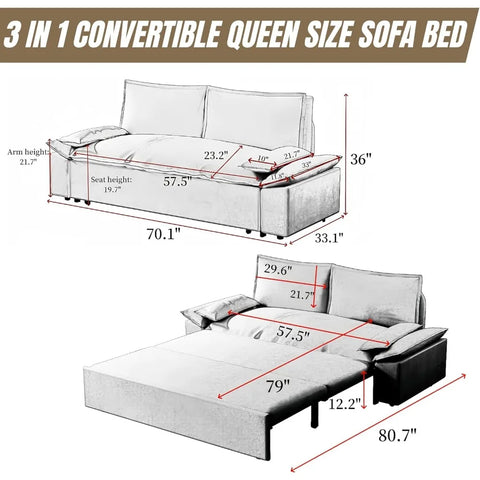 Sofa Bed, 70.1-Inch, 3-in-1 Convertible Queen Sleeper Sofas, Comfortable Pull-Out Futon, Modern Velvet, Sofa Sleeper