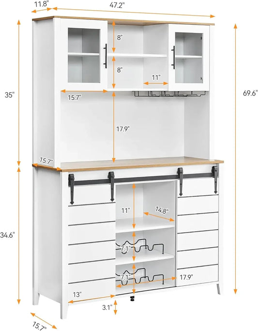 IDEALHOUSE Farmhouse Coffee Bar Cabinet with Sliding Barn Doors, 70'' Kitchen Hutch Cabinet with Storage, Wine&Glasses Rack