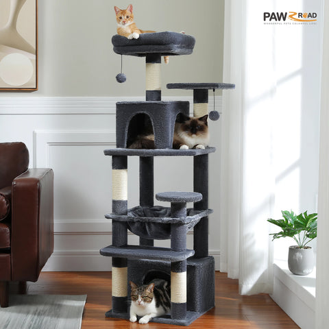 H184CM Large Cat Tower with Sisal Scratching Posts Spacious Condo Perch Stable for Kitten Multi-Level Tower Indoor Cozy Hummocks