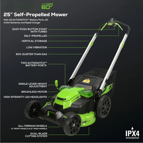 60V 25” Cordless (Self-Propelled) Lawn Mower (LED Lights + Aluminum Handles), 2 x 4.0Ah Batteries and Dual Port Rapid Charger